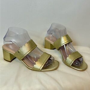 New Kate Spade Chrissie Gold Scalloped heeled Sandals / size 6.5